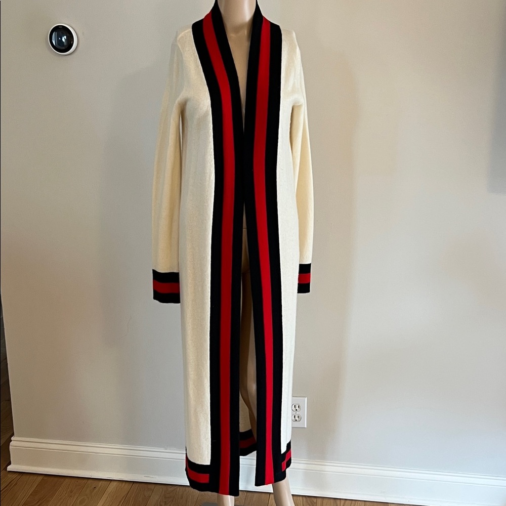 MADELEINE THOMPSON Cashmere Cream Cardigan with Red and Black Trim